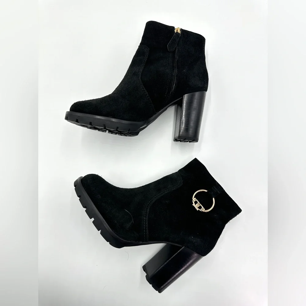 Tory Burch Sofia Black suede lug sole‎ platform booties sz 6 leather
